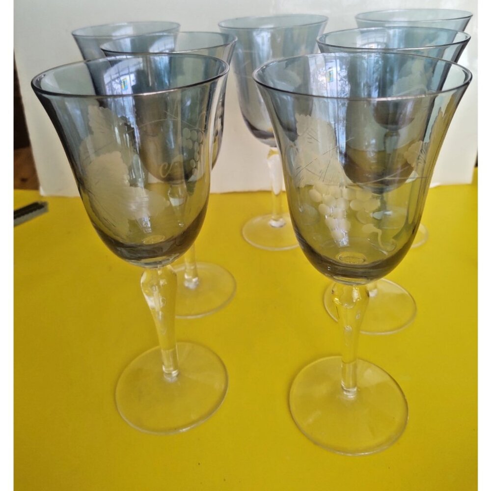 Elegant Cobalt Blue Wine Glass Set of 7 Etched Grapes & Leaves 8"